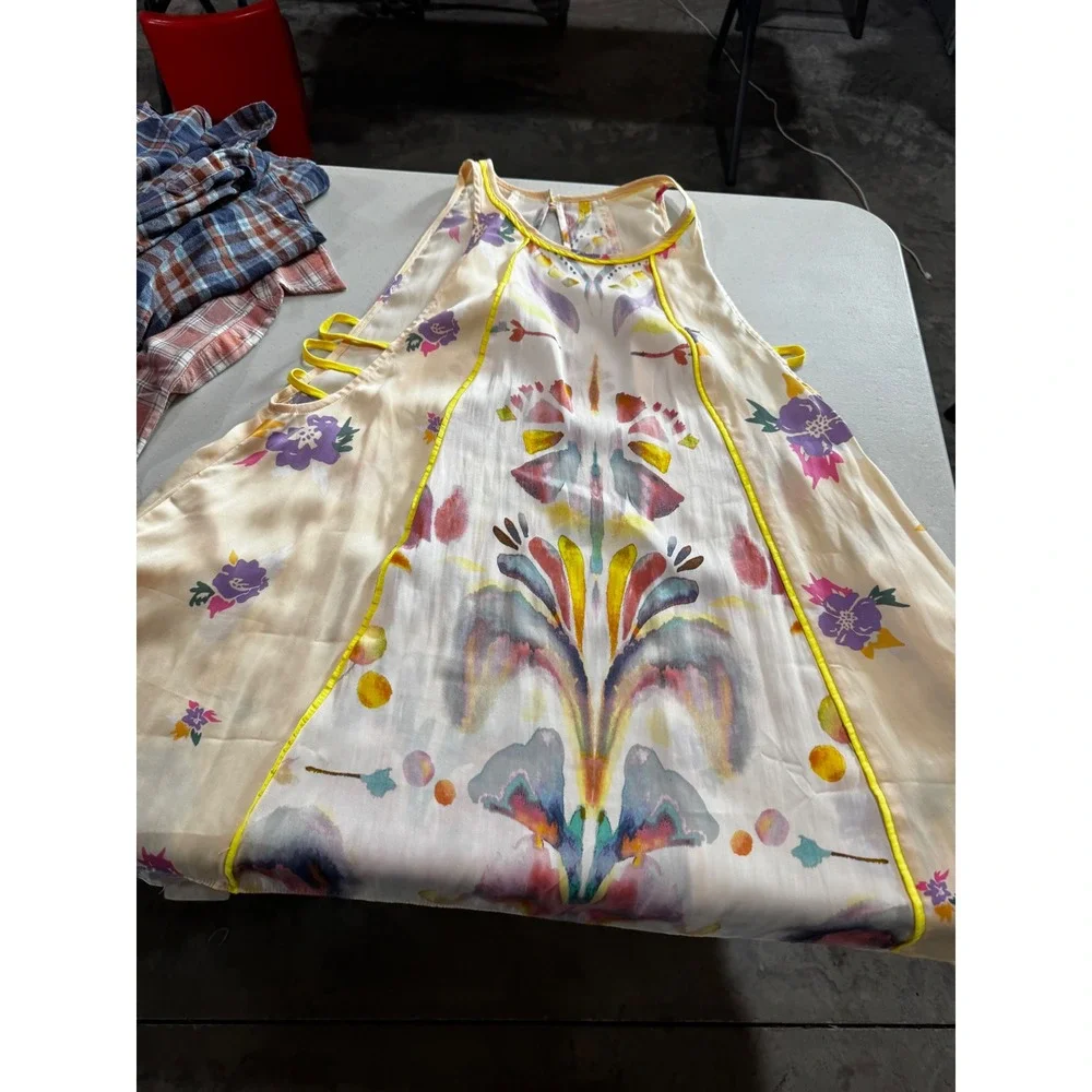 Free People Watercolor Floral Mini Dress Strappy Side Cut Out Yellow Trim Medium